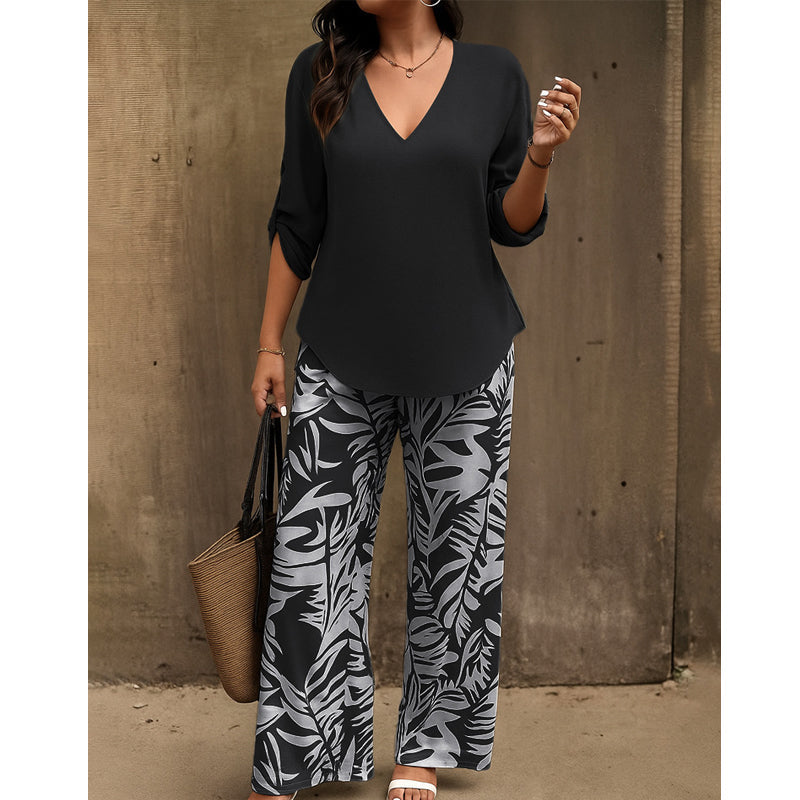 Women's V-Neck Blouse & Printed Wide-Leg Pants Set