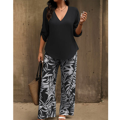 Women's V-Neck Blouse & Printed Wide-Leg Pants Set