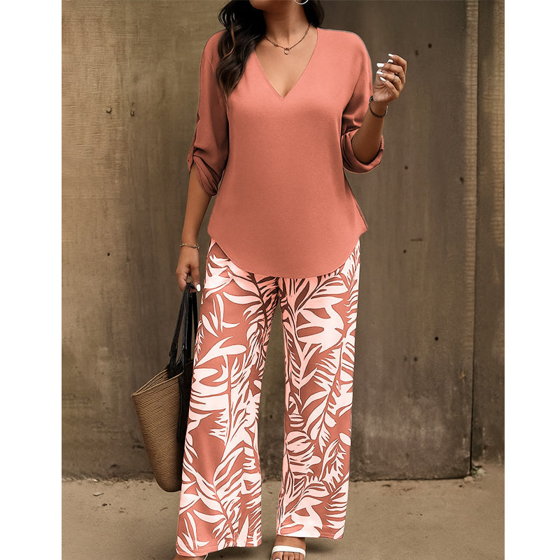 Women's V-Neck Blouse & Printed Wide-Leg Pants Set