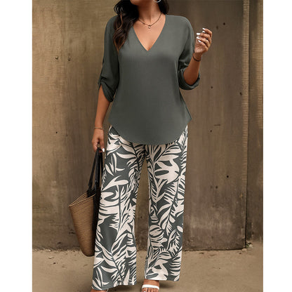 Women's V-Neck Blouse & Printed Wide-Leg Pants Set
