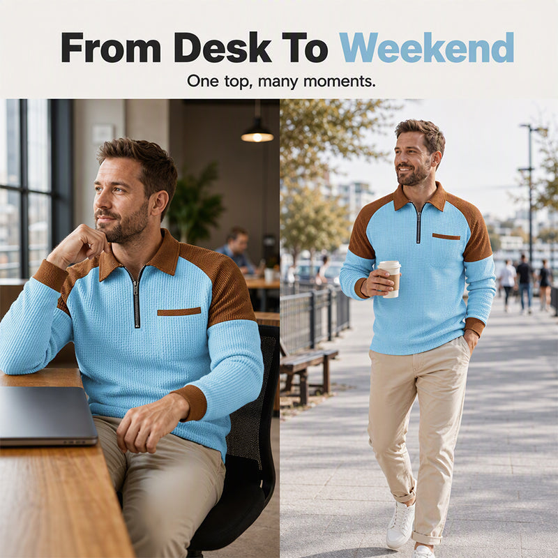 Men's Casual Waffle Knit Quarter-Zip Sweatshirt