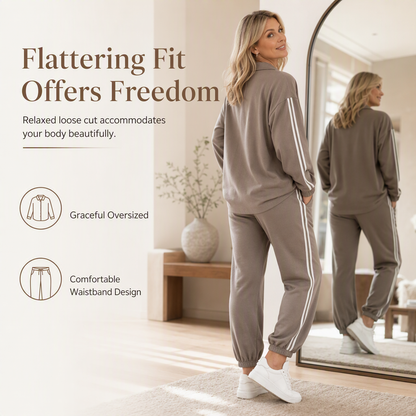 Women's Casual Two-Piece Lounge Set Featuring Oversized Button-Down Shirt and Jogger Pants with Side Stripes