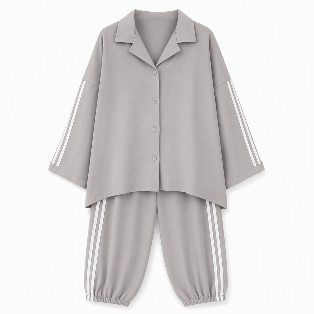 Women's Casual Two-Piece Lounge Set Featuring Oversized Button-Down Shirt and Jogger Pants with Side Stripes