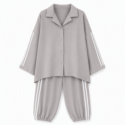 Women's Casual Two-Piece Lounge Set Featuring Oversized Button-Down Shirt and Jogger Pants with Side Stripes