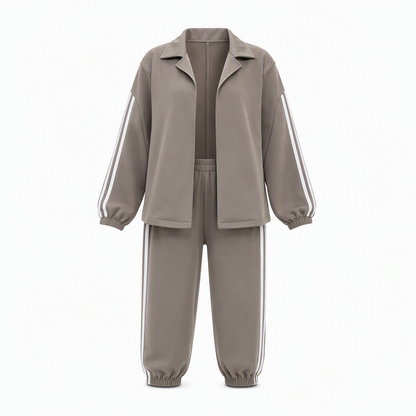 Women's Casual Two-Piece Lounge Set Featuring Oversized Button-Down Shirt and Jogger Pants with Side Stripes