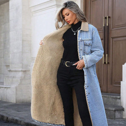 ❄️ Premium Denim Warmth | Women's Warm-Lined Long Denim Coat ⚡ Free Shipping