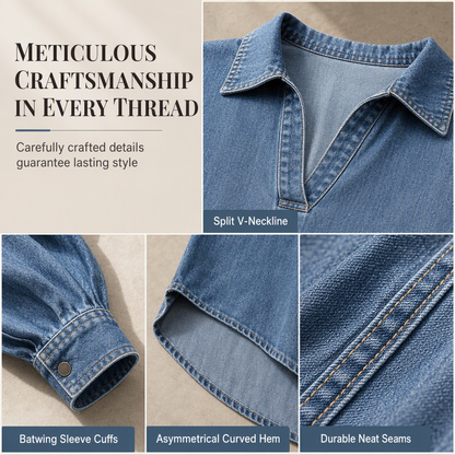 Women's Casual Loose Denim V-Neck Pullover Shirt with Batwing Sleeves and Asymmetrical Hem