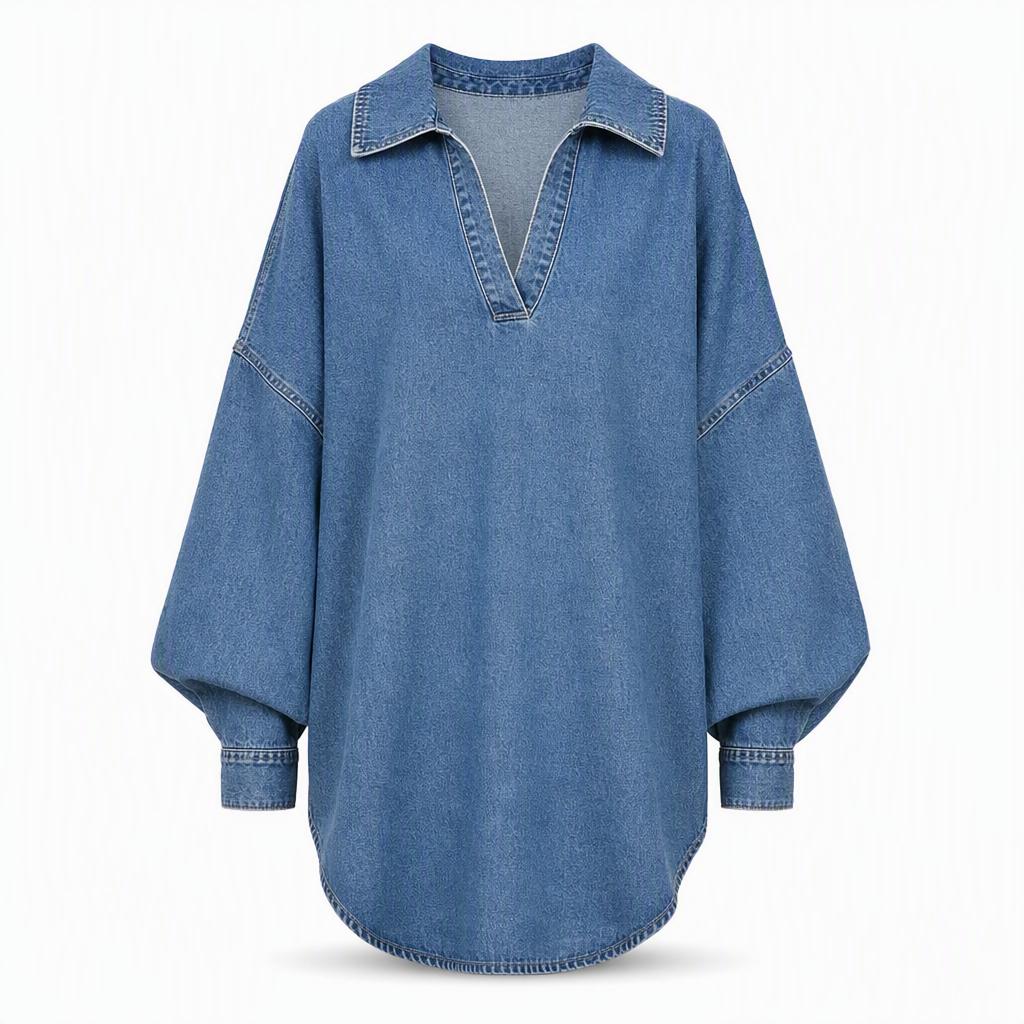 Women's Casual Loose Denim V-Neck Pullover Shirt with Batwing Sleeves and Asymmetrical Hem