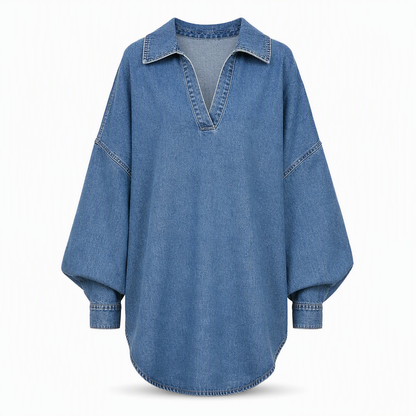 Women's Casual Loose Denim V-Neck Pullover Shirt with Batwing Sleeves and Asymmetrical Hem