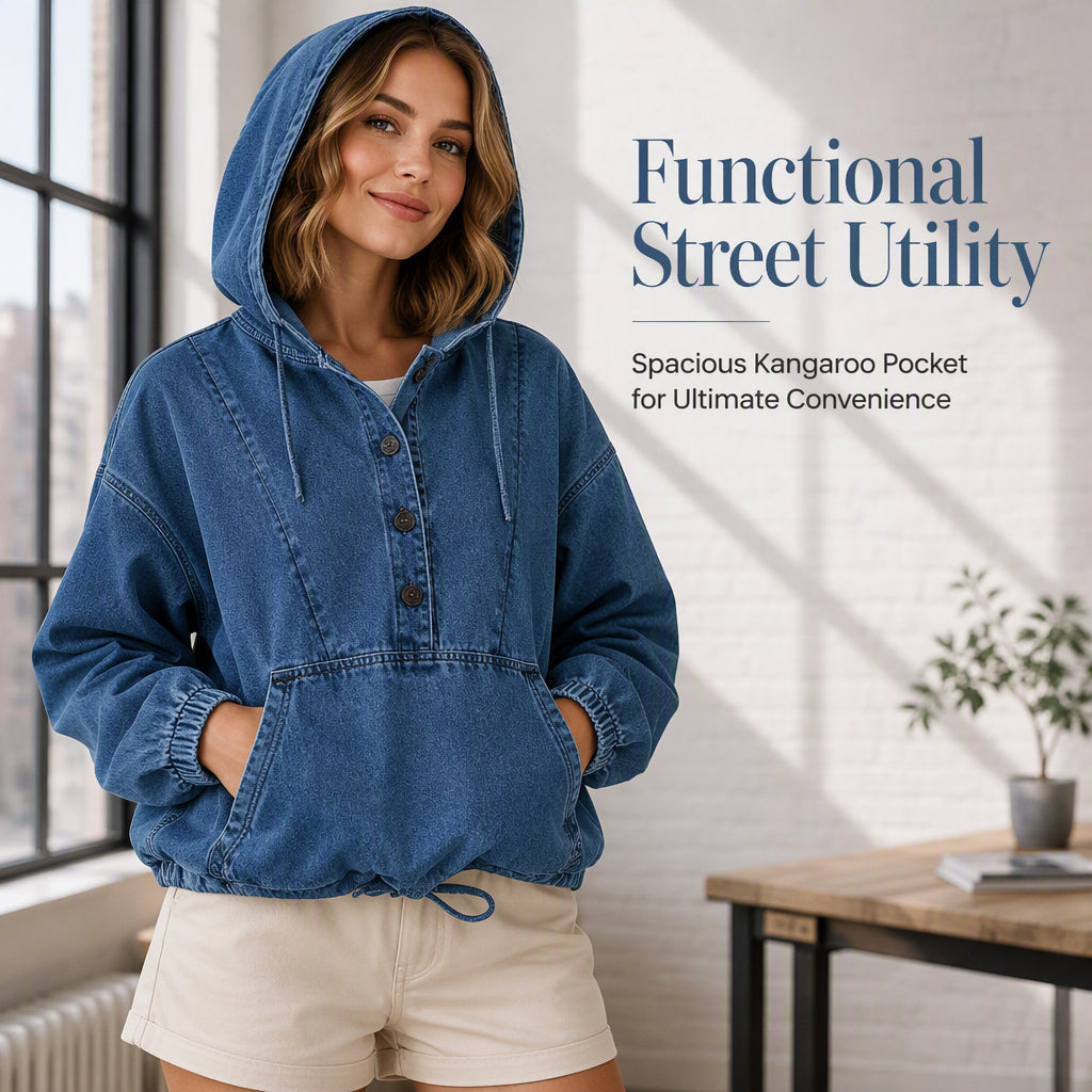 💙 Denim Comfort, Easy Layers | Women's Oversized Button-Up Denim Hoodie