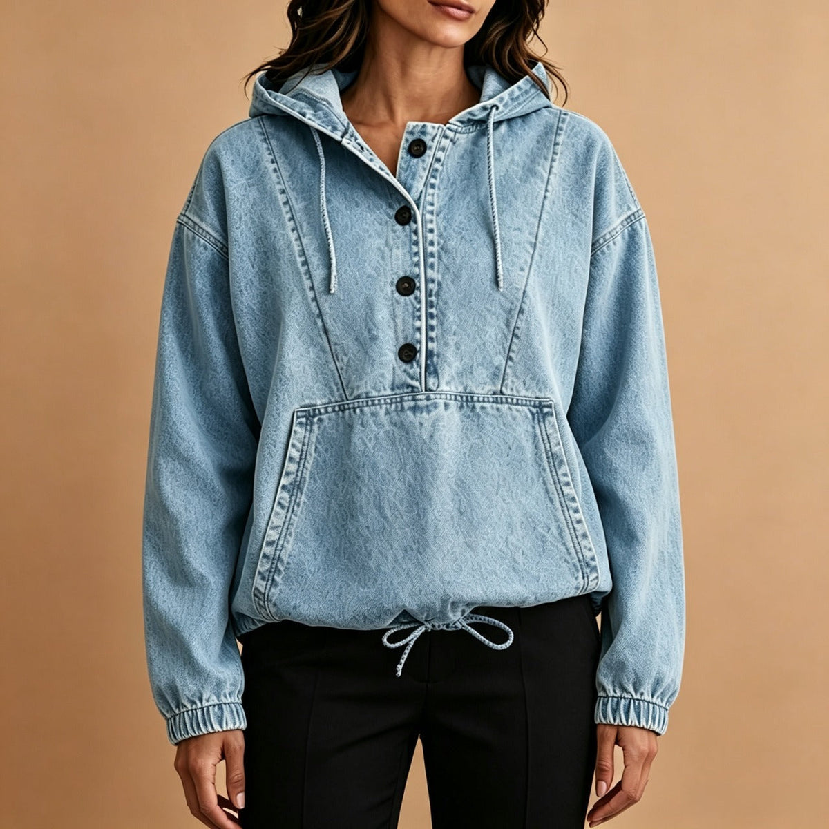💙 Denim Comfort, Easy Layers | Women's Oversized Button-Up Denim Hoodie