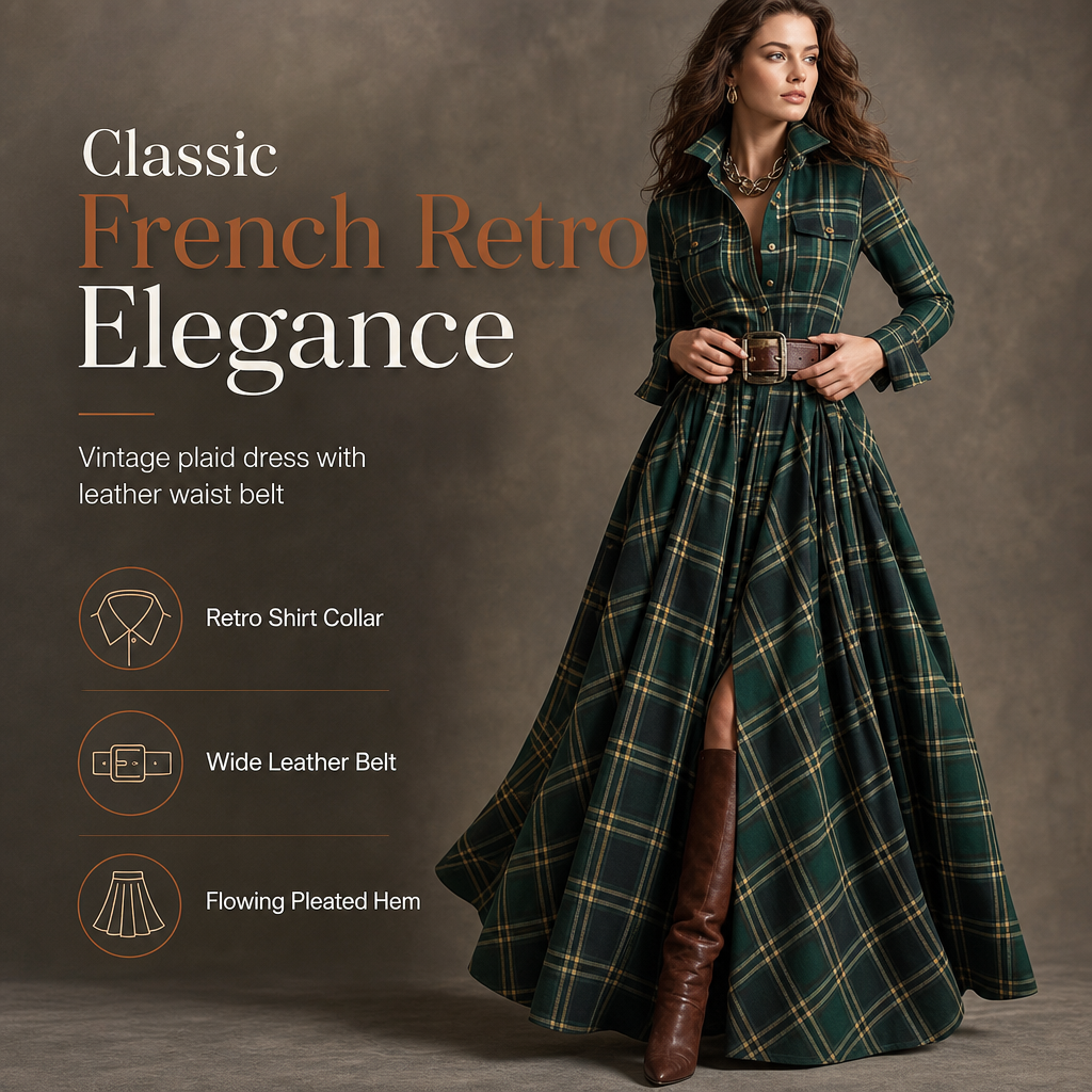 ✨ French-Inspired Elegance | Women's Plaid Cinched-Waist Pleated A-Line Dress