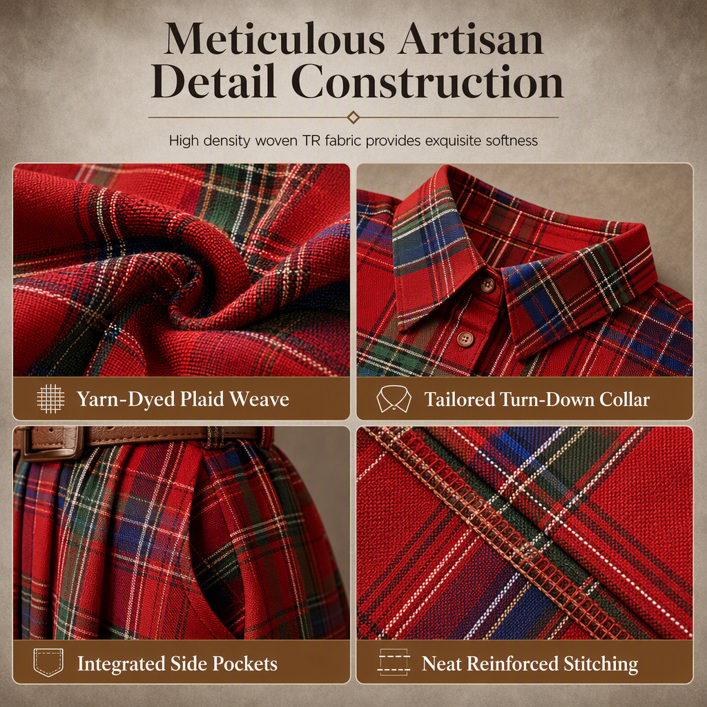 ✨ French-Inspired Elegance | Women's Plaid Cinched-Waist Pleated A-Line Dress