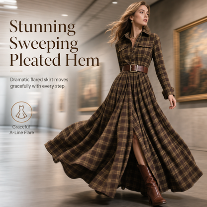 ✨ French-Inspired Elegance | Women's Plaid Cinched-Waist Pleated A-Line Dress