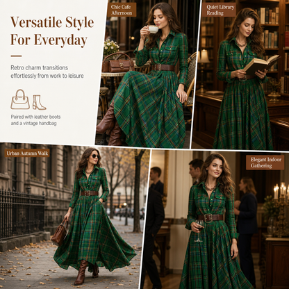✨ French-Inspired Elegance | Women's Plaid Cinched-Waist Pleated A-Line Dress