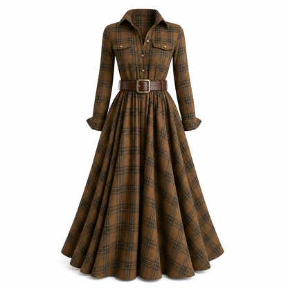 ✨ French-Inspired Elegance | Women's Plaid Cinched-Waist Pleated A-Line Dress