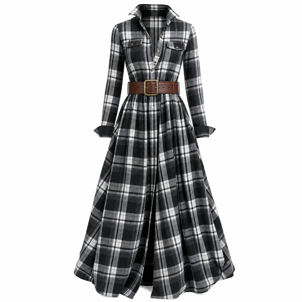 ✨ French-Inspired Elegance | Women's Plaid Cinched-Waist Pleated A-Line Dress