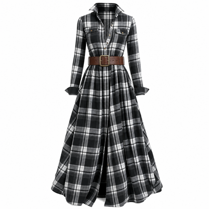 ✨ French-Inspired Elegance | Women's Plaid Cinched-Waist Pleated A-Line Dress