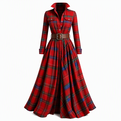 ✨ French-Inspired Elegance | Women's Plaid Cinched-Waist Pleated A-Line Dress