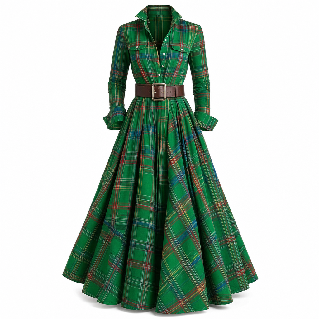 ✨ French-Inspired Elegance | Women's Plaid Cinched-Waist Pleated A-Line Dress