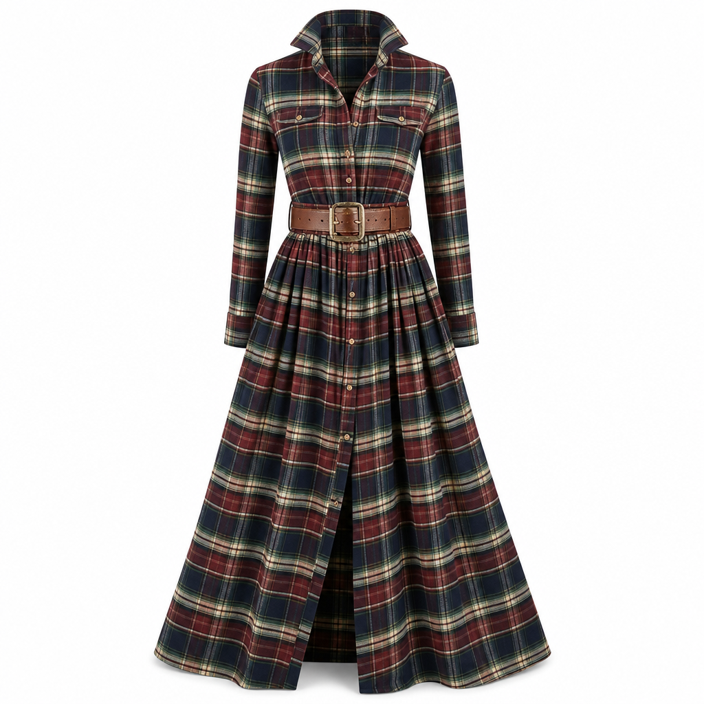 ✨ French-Inspired Elegance | Women's Plaid Cinched-Waist Pleated A-Line Dress