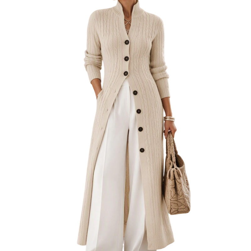 Women's Cable Knit Mock Neck Long Cardigan Duster Sweater Coat