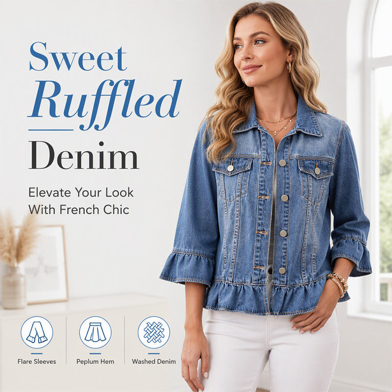 Women's Cropped Denim Jacket with Ruffle Hem