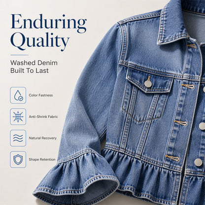 Women's Cropped Denim Jacket with Ruffle Hem
