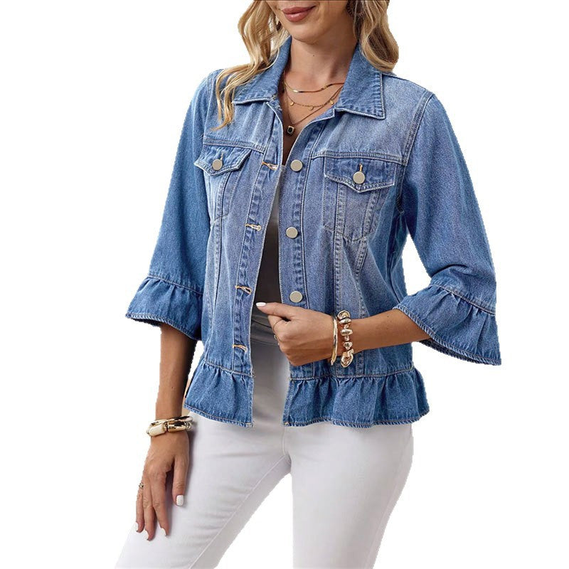 Women's Cropped Denim Jacket with Ruffle Hem