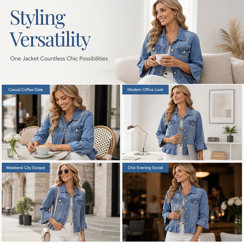 Women's Cropped Denim Jacket with Ruffle Hem