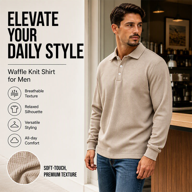 Men's Waffle Knit Long Sleeve Collared Top