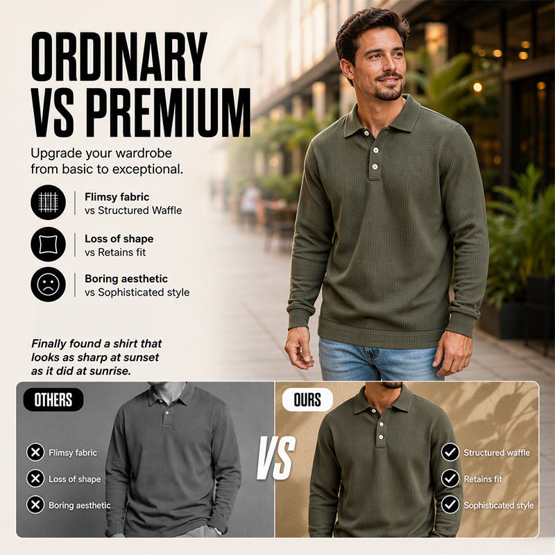 Men's Waffle Knit Long Sleeve Collared Top