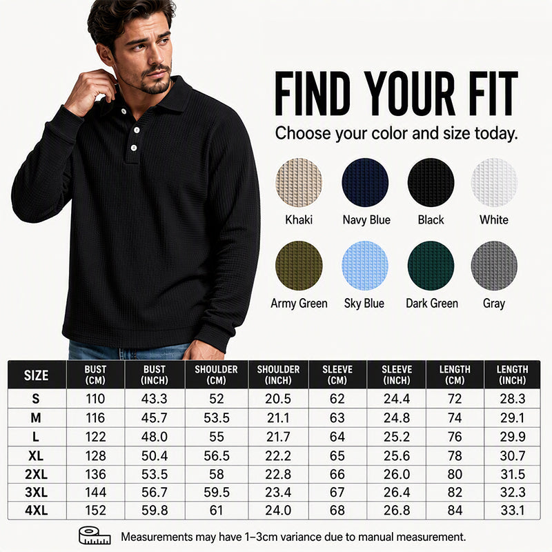 Men's Waffle Knit Long Sleeve Collared Top