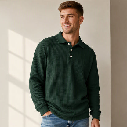 Men's Waffle Knit Long Sleeve Collared Top