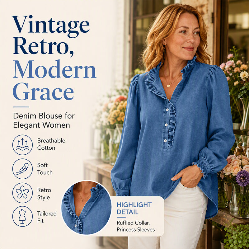 Women's Ruffle Collar Puff Sleeve Denim Top