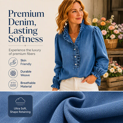 Women's Ruffle Collar Puff Sleeve Denim Top