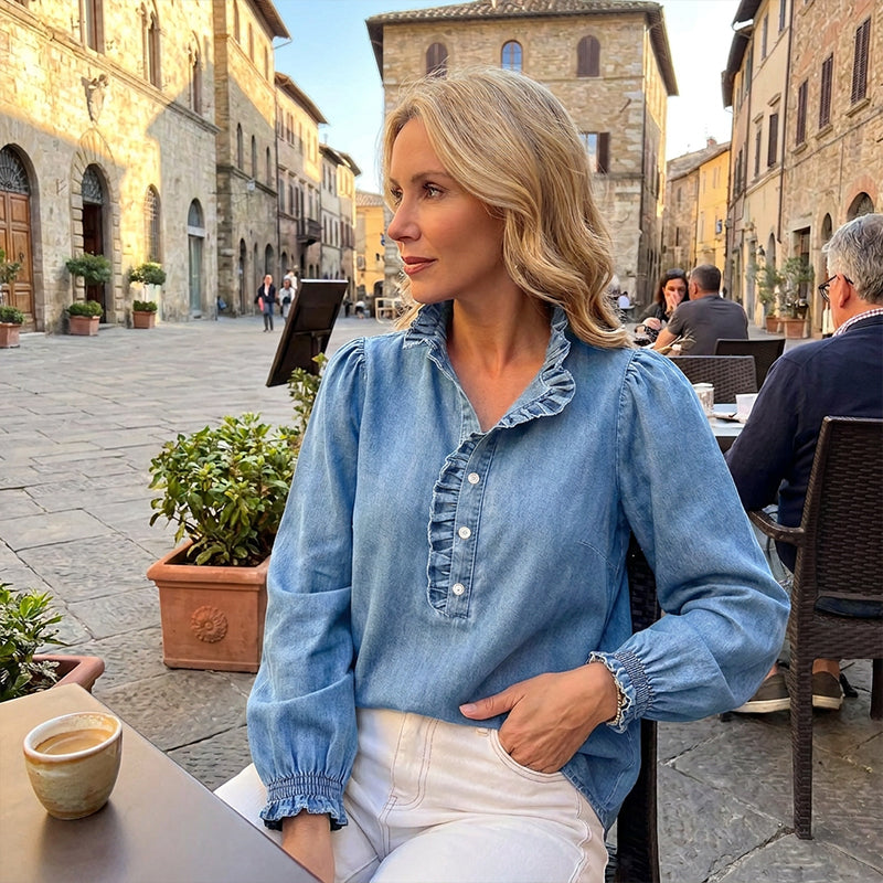 Women's Ruffle Collar Puff Sleeve Denim Top