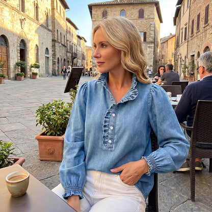 Women's Ruffle Collar Puff Sleeve Denim Top