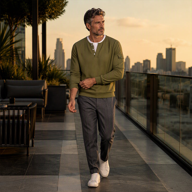 Men's Waffle Knit Fake Two-Piece Henley Top