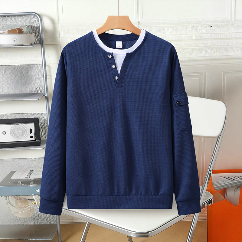 Men's Waffle Knit Fake Two-Piece Henley Top