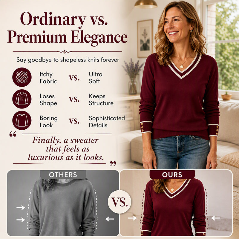 Women's Elegant Contrast V-Neck Knit Top