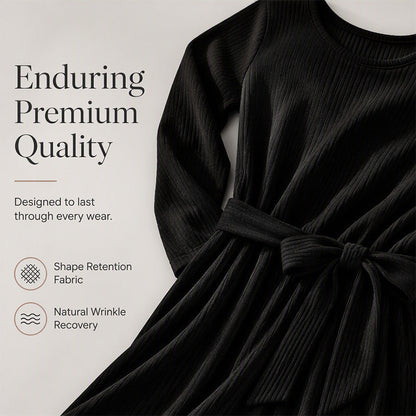Women's Crew Neck Ribbed Knit A-Line Midi Dress with 3/4 Sleeves and Pockets