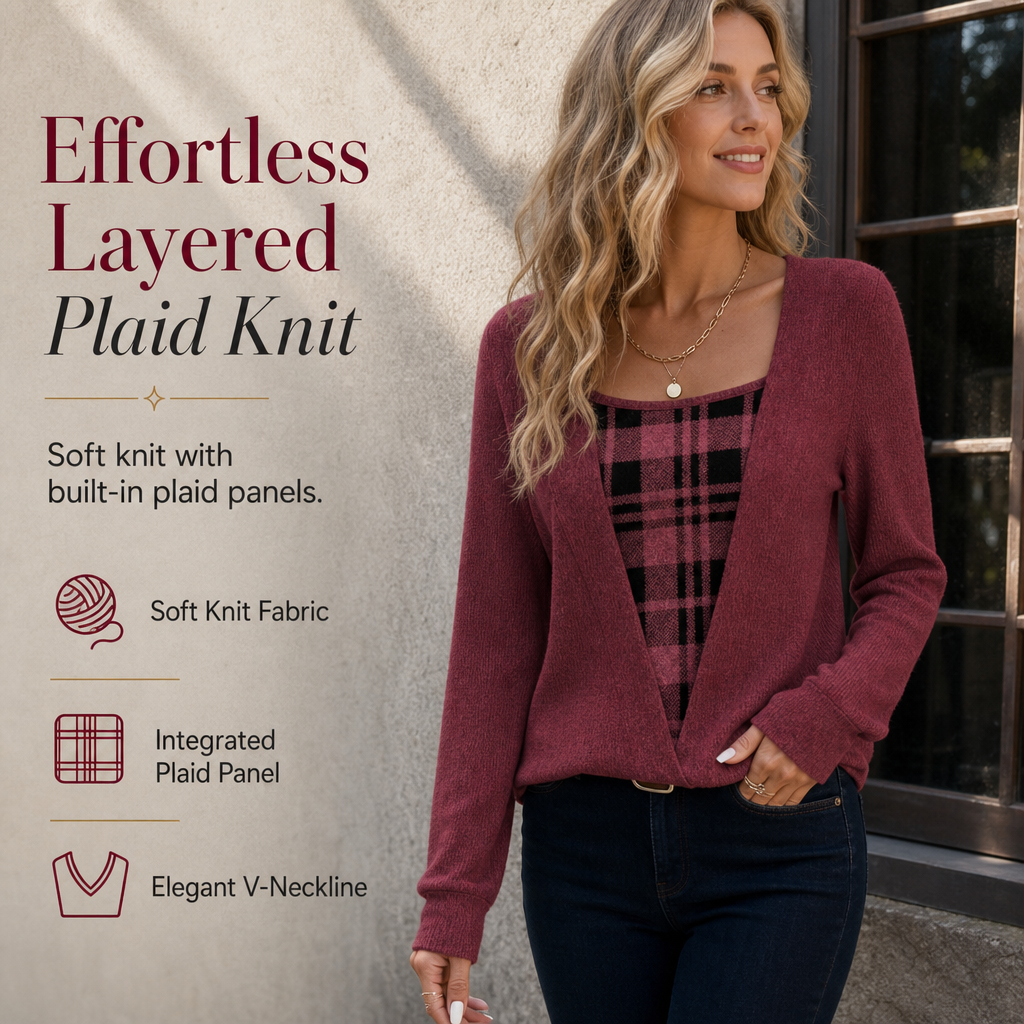 Women's Layered Look Plaid Knit Top