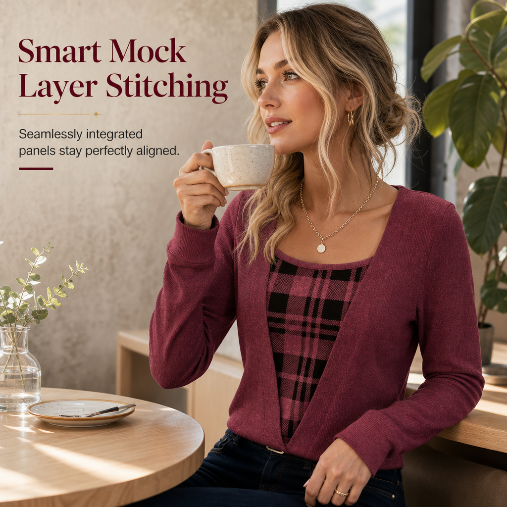 Women's Layered Look Plaid Knit Top