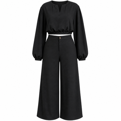 Women's Casual  V-Neck Lantern Sleeve Crop Top & High Waist Wide Leg Pants Set
