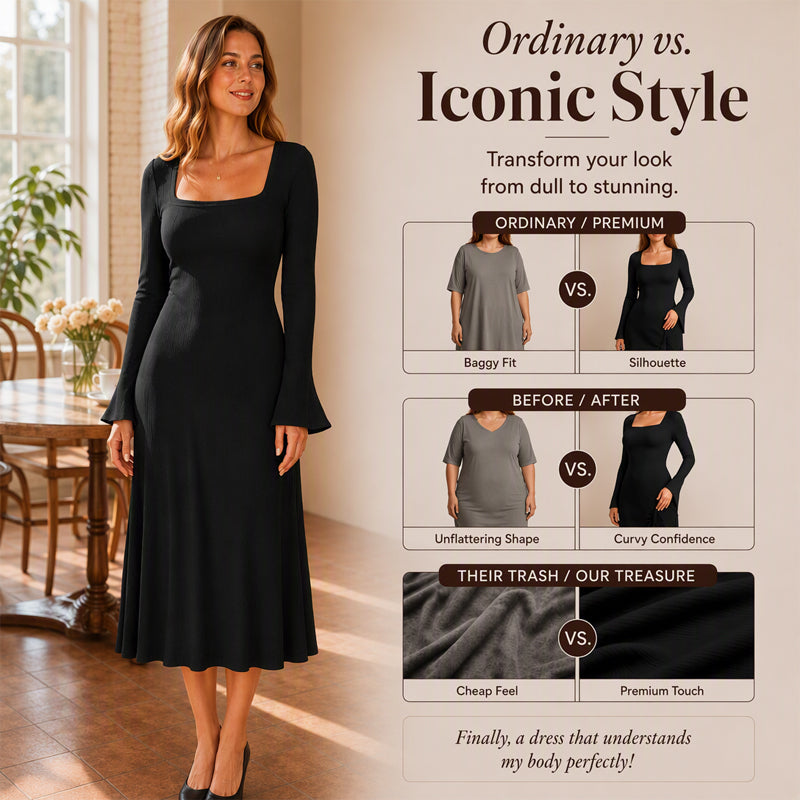 Women's Square Neck Flare Sleeve Midi Dress