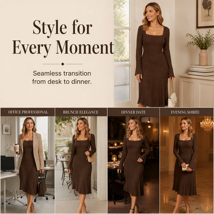 Women's Square Neck Flare Sleeve Midi Dress