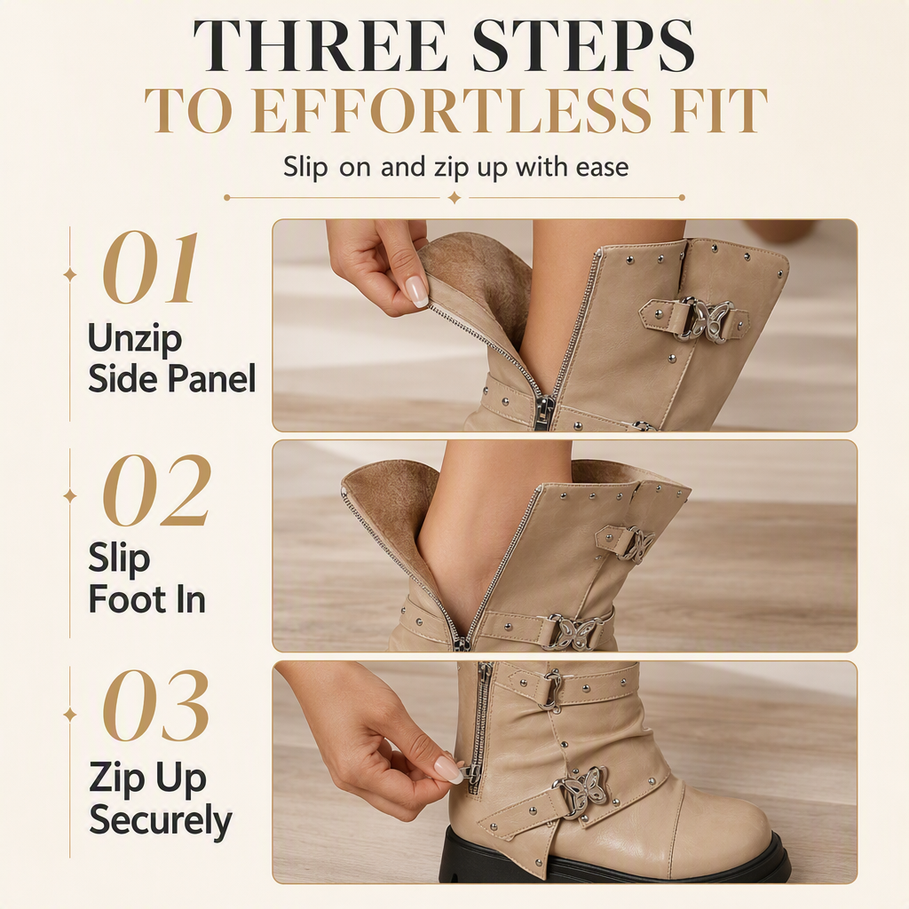 Women's Platform Mid Block Heel Ankle Boots with Round Toe Stitching Fold-Over Cuff and Buckle Strap