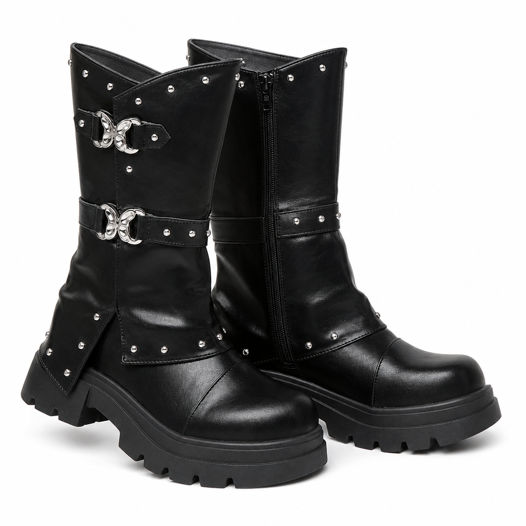 Women's Platform Mid Block Heel Ankle Boots with Round Toe Stitching Fold-Over Cuff and Buckle Strap