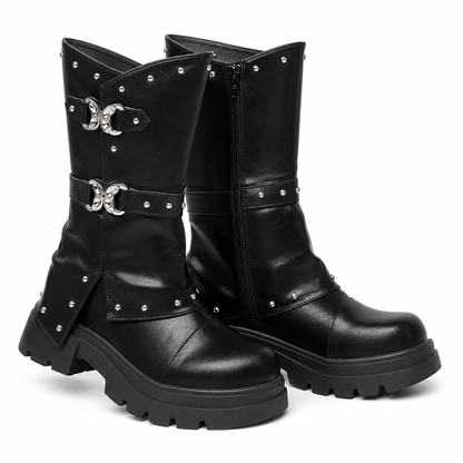 Women's Platform Mid Block Heel Ankle Boots with Round Toe Stitching Fold-Over Cuff and Buckle Strap